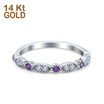 14K White Gold Half Eternity Wedding Band Art Deco Design Simulated Amethyst CZ Ring